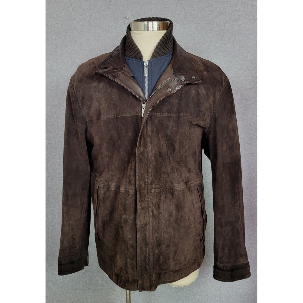 Zegna Sport Mens XL Brown Suede Leather Jacket Navy Quilted Vest Lining Italy